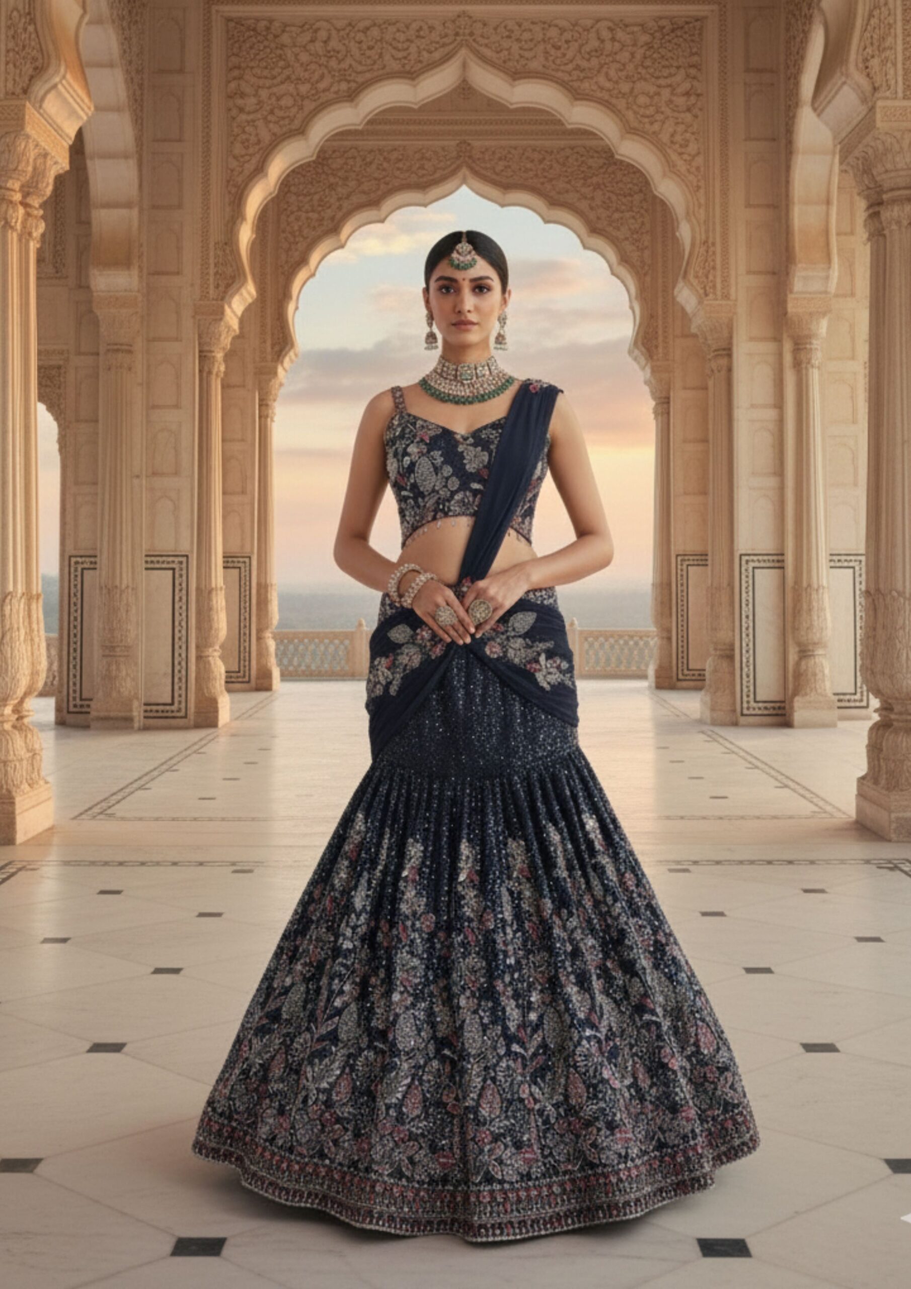 Midnight Enchanté Navy Blue Embroidered Bridal Lehenga
