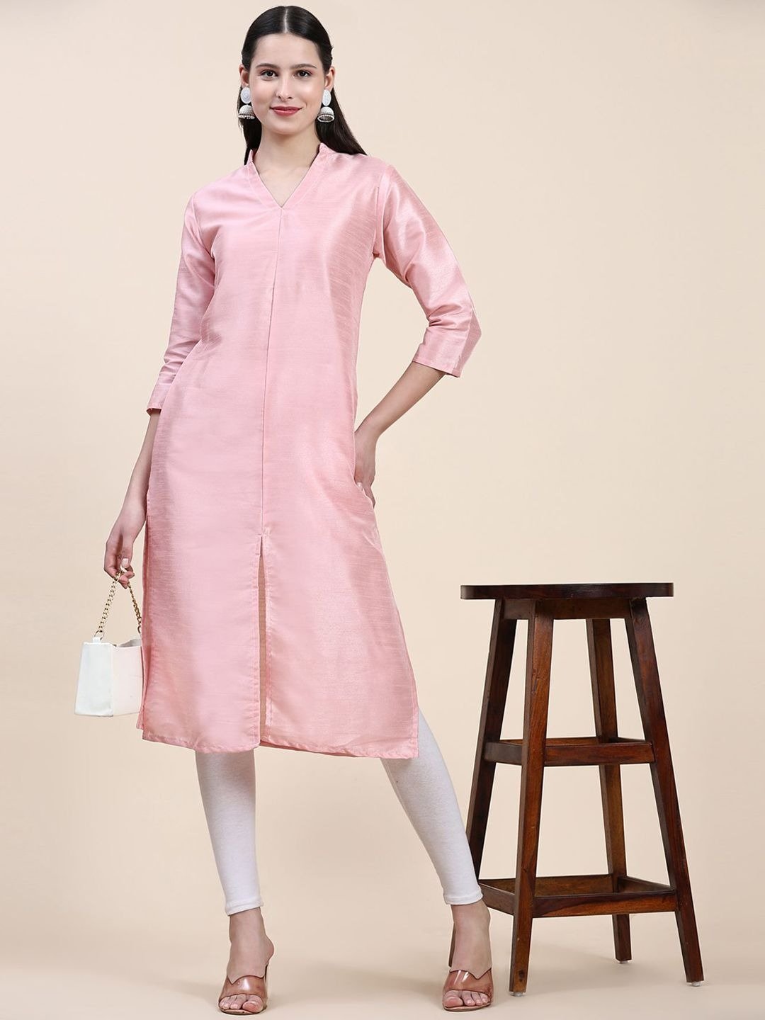 Phenav Mandarin Collar Dupion Silk Straight Pink Kurta - Image 2