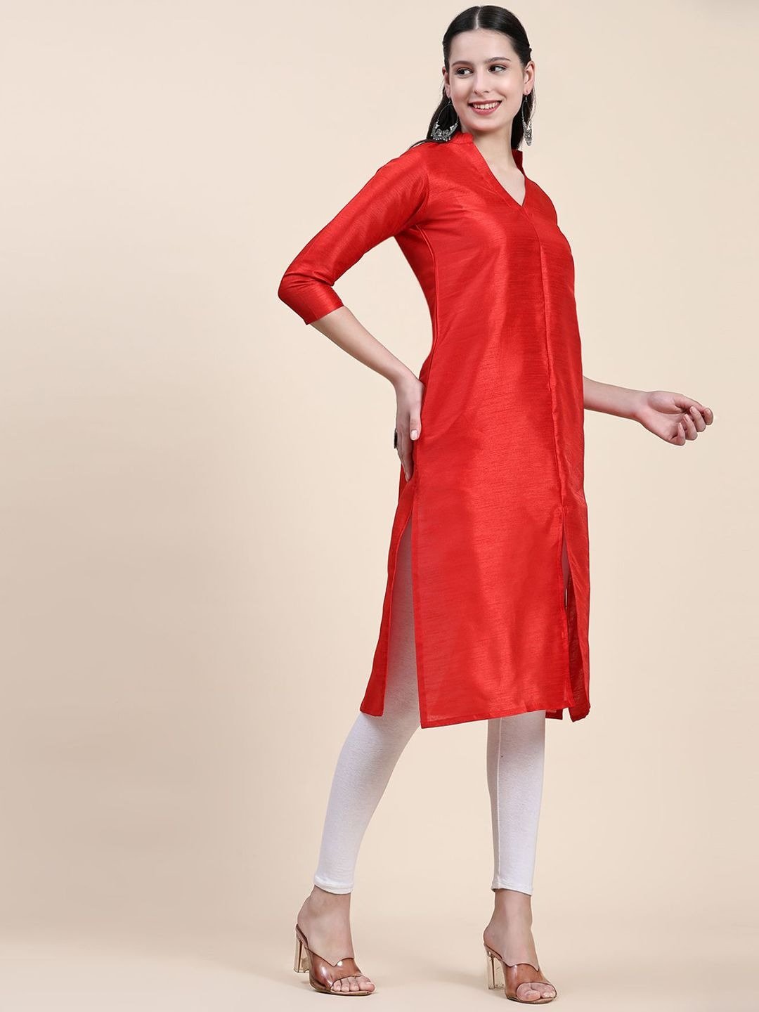 Phenav Mandarin Collar Dupion Silk Straight Red Kurta - Image 2