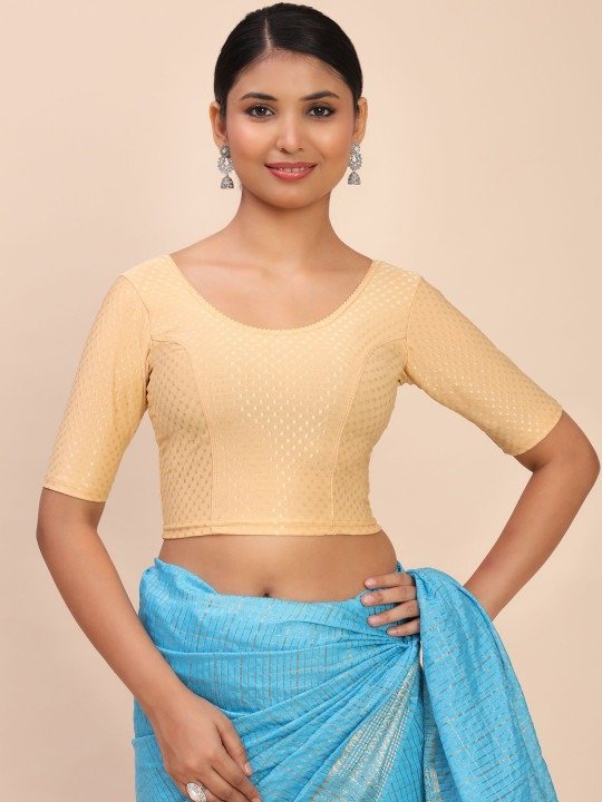 Women Elbow Sleeves Stretchable Cream Saree Blouse