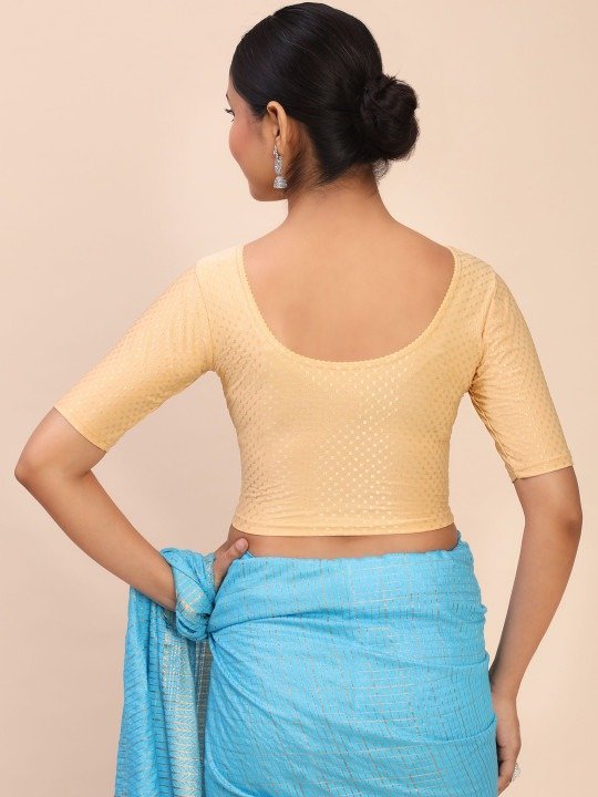 Women Elbow Sleeves Stretchable Cream Saree Blouse - Image 4