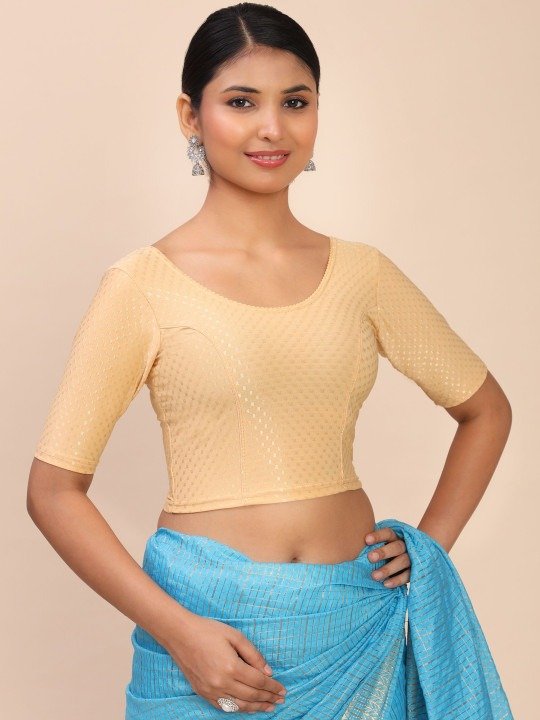 Women Elbow Sleeves Stretchable Cream Saree Blouse - Image 3