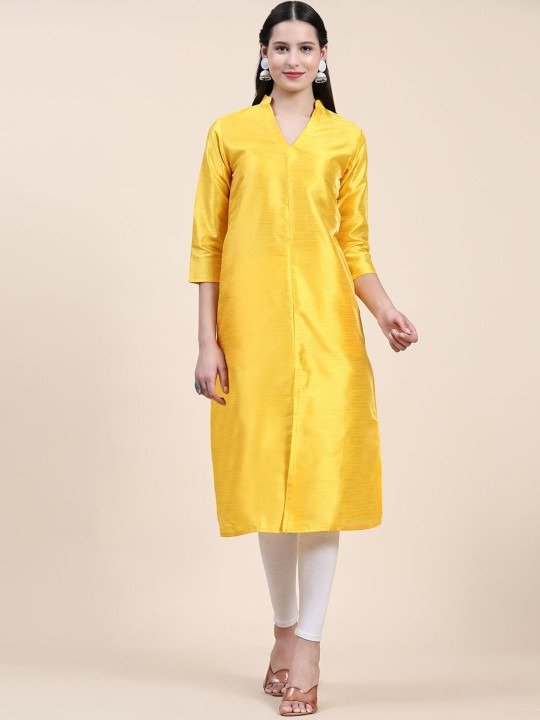 Phenav Mandarin Collar Dupion Silk Yellow Kurta - Image 7