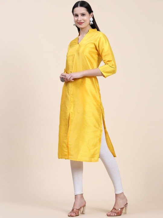 Phenav Mandarin Collar Dupion Silk Yellow Kurta - Image 3