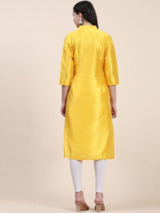 Phenav Mandarin Collar Dupion Silk Yellow Kurta - Image 5