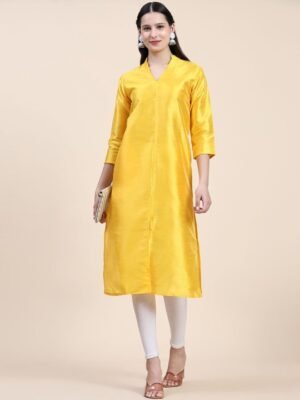 Phenav Mandarin Collar Dupion Silk Yellow Kurta