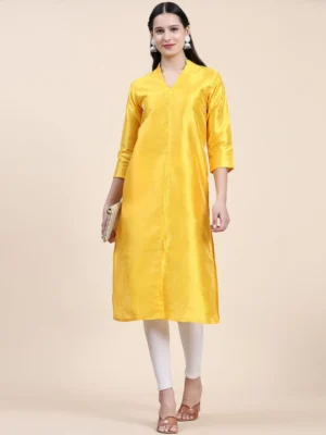 Phenav Mandarin Collar Dupion Silk Yellow Kurta