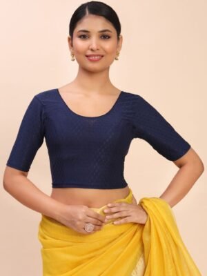 Women Woven Design Elbow Sleeves Stretchable Blue Saree Blouse