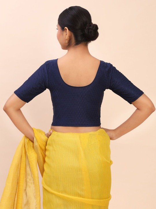 Women Woven Design Elbow Sleeves Stretchable Blue Saree Blouse - Image 3