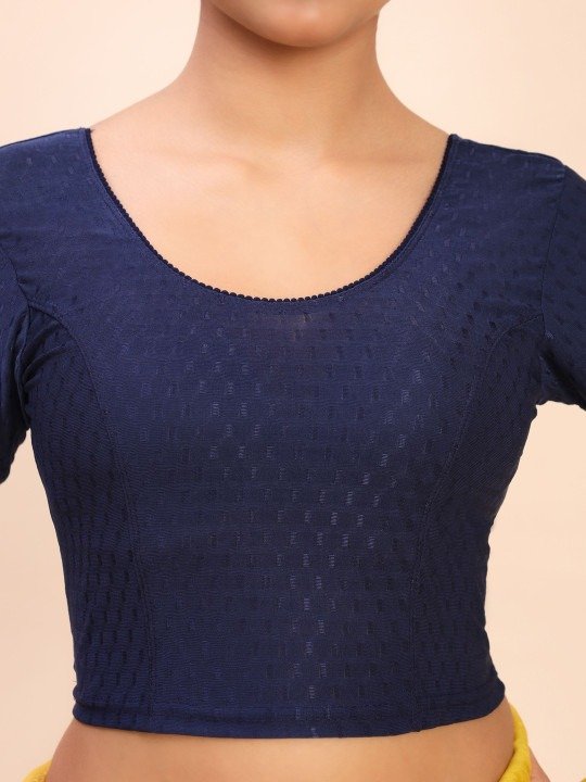 Women Woven Design Elbow Sleeves Stretchable Blue Saree Blouse - Image 5