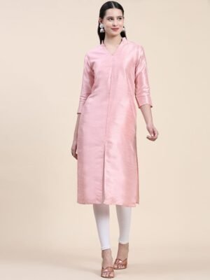 Phenav Mandarin Collar Dupion Silk Straight Pink Kurta
