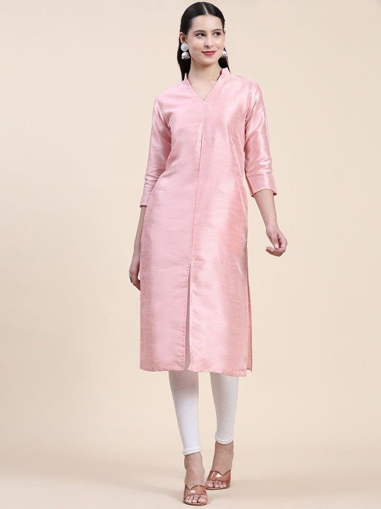Phenav Mandarin Collar Dupion Silk Straight Pink Kurta
