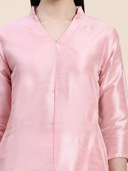 Phenav Mandarin Collar Dupion Silk Straight Pink Kurta - Image 8