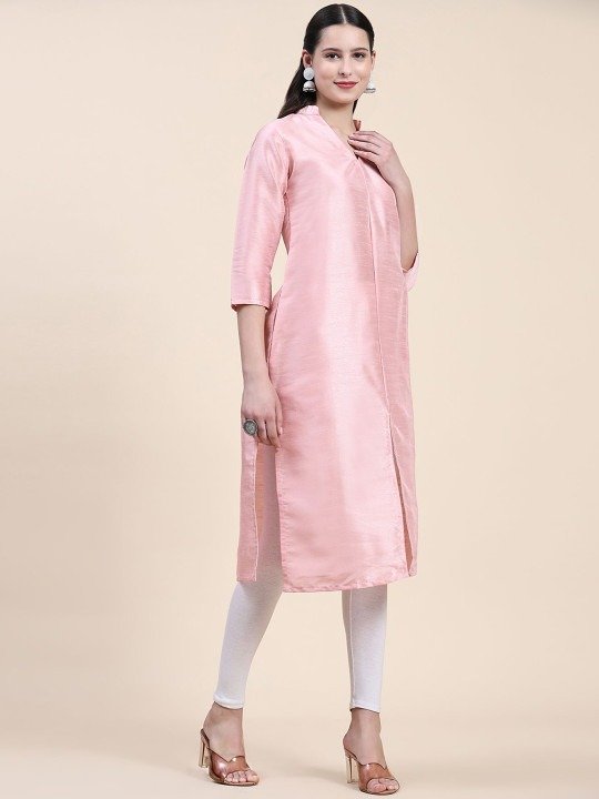 Phenav Mandarin Collar Dupion Silk Straight Pink Kurta - Image 6