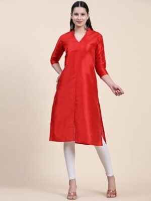 Phenav Mandarin Collar Dupion Silk Straight Red Kurta