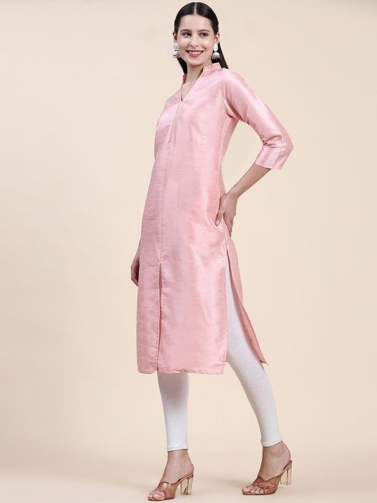 Phenav Mandarin Collar Dupion Silk Straight Pink Kurta - Image 5