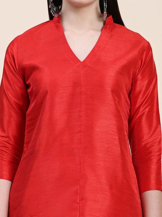 Phenav Mandarin Collar Dupion Silk Straight Red Kurta - Image 9