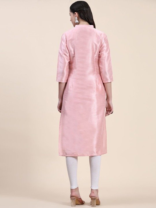 Phenav Mandarin Collar Dupion Silk Straight Pink Kurta - Image 3