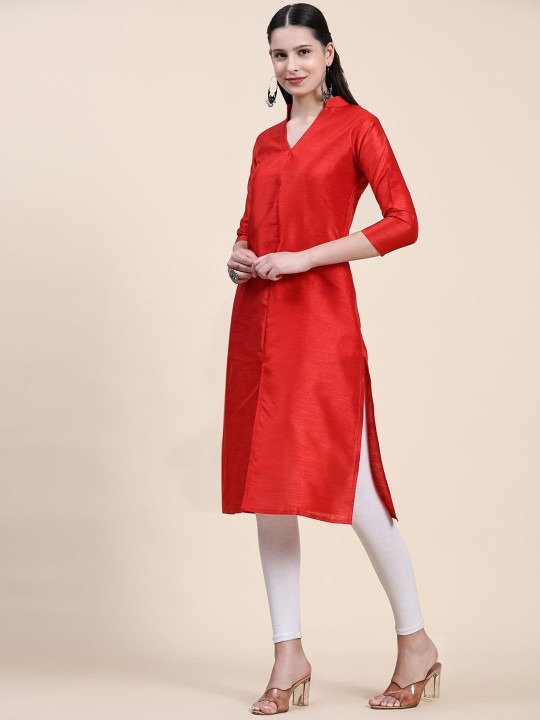 Phenav Mandarin Collar Dupion Silk Straight Red Kurta - Image 6