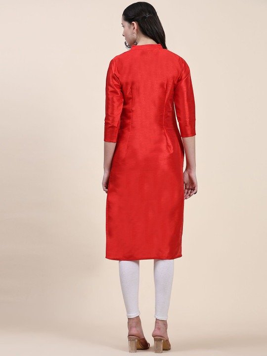 Phenav Mandarin Collar Dupion Silk Straight Red Kurta - Image 5