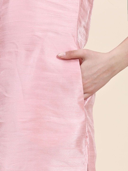 Phenav Mandarin Collar Dupion Silk Straight Pink Kurta - Image 4