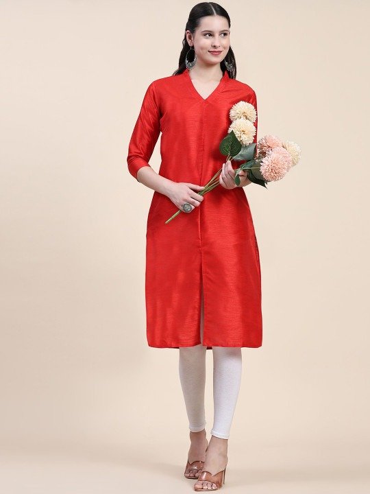 Phenav Mandarin Collar Dupion Silk Straight Red Kurta - Image 4