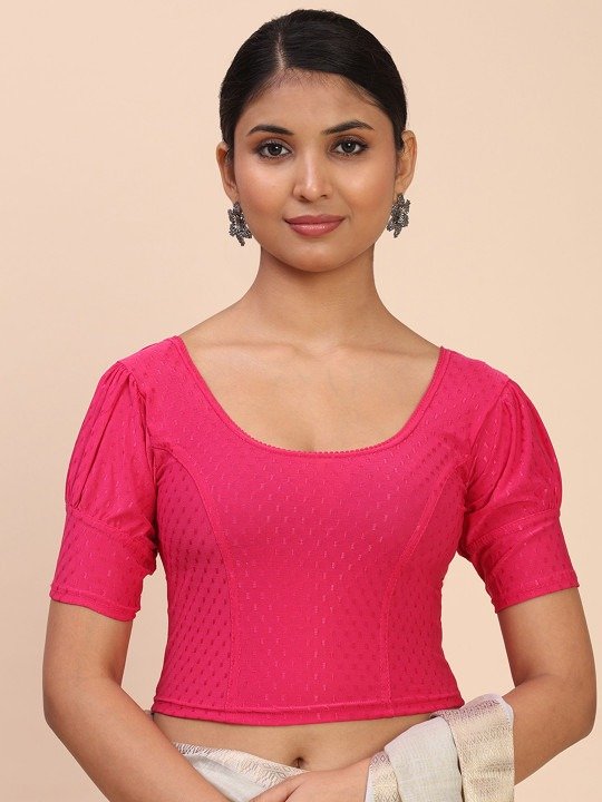 Round Neck Puff Sleeves Ready to Wear Pink Saree Blouse - Image 3