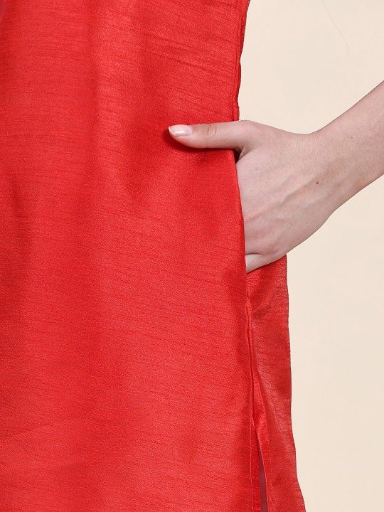 Phenav Mandarin Collar Dupion Silk Straight Red Kurta - Image 3