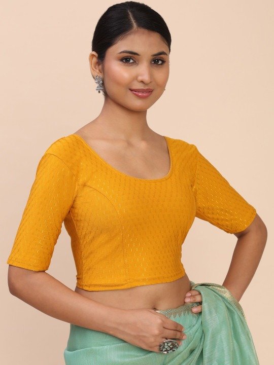 Women Embroidered Yellow Saree Blouse - Image 2