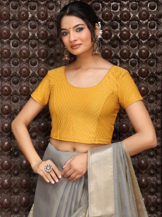 Women Embellished Yellow Round-Neck Saree Blouse - Image 4