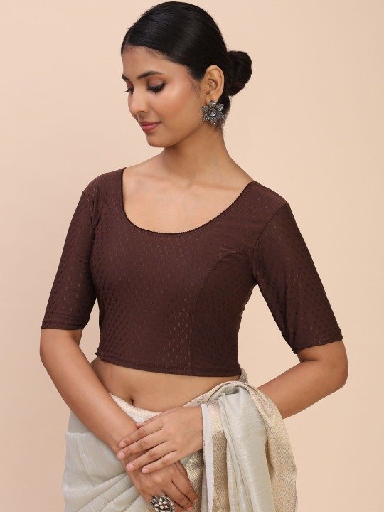 Women Round Neck Stretchable Brown Saree Blouse - Image 5