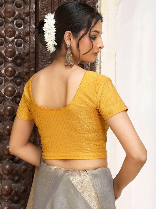 Women Embellished Yellow Round-Neck Saree Blouse - Image 2