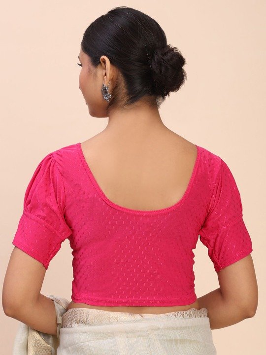 Round Neck Puff Sleeves Ready to Wear Pink Saree Blouse - Image 5