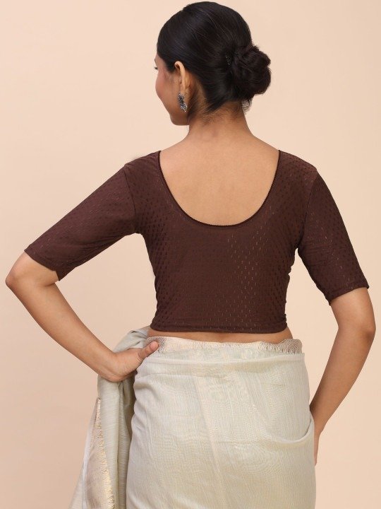 Women Round Neck Stretchable Brown Saree Blouse - Image 3
