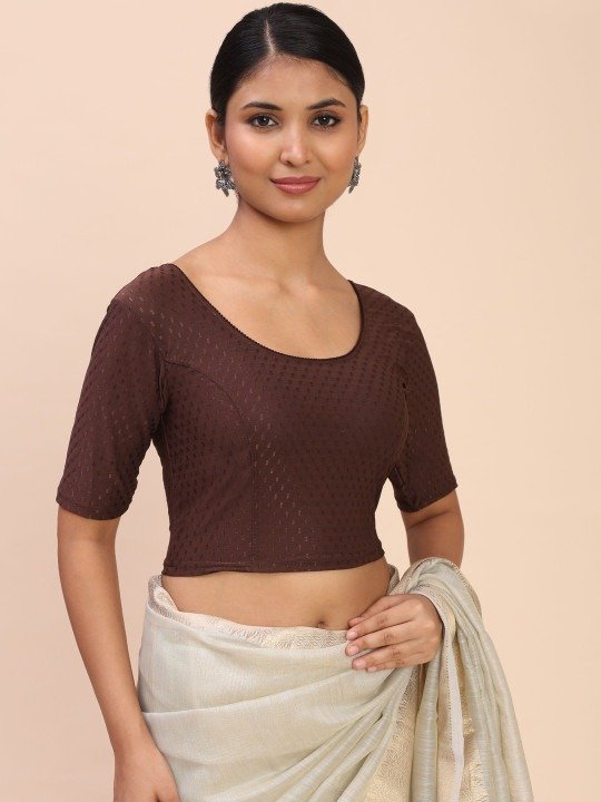 Women Round Neck Stretchable Brown Saree Blouse - Image 2