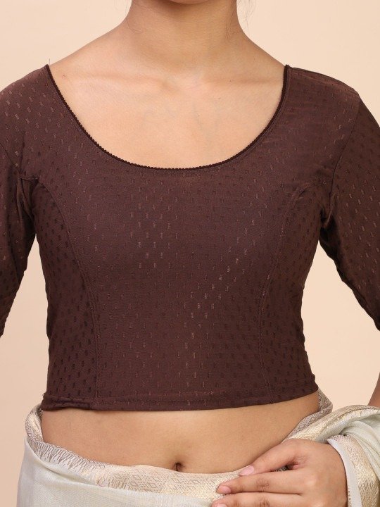 Women Round Neck Stretchable Brown Saree Blouse - Image 4
