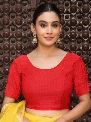 Self-Design Puffed Sleeves Round Neck Saree Blouse