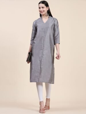 Phenav Mandarin Collar Dupion Silk Gray Kurta