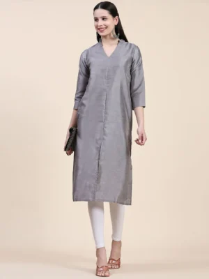 Phenav Mandarin Collar Dupion Silk Gray Kurta