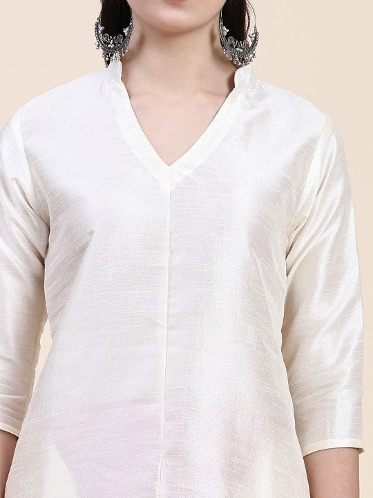 Phenav Mandarin Collar Dupion Silk Straight Off White Kurta - Image 8