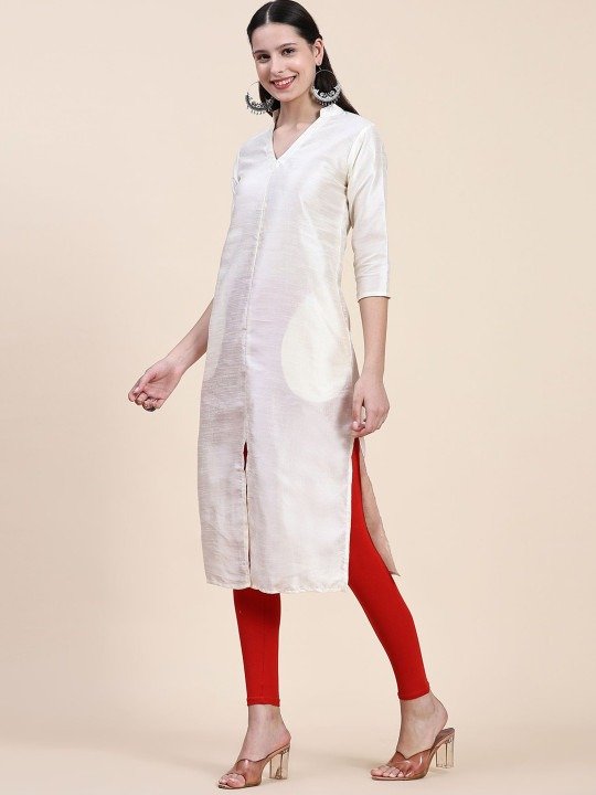 Phenav Mandarin Collar Dupion Silk Straight Off White Kurta - Image 7