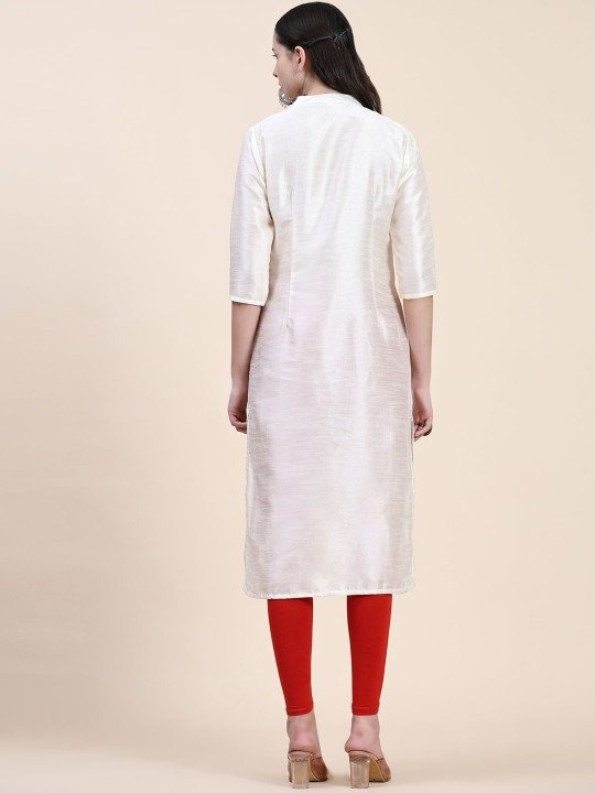Phenav Mandarin Collar Dupion Silk Straight Off White Kurta - Image 6