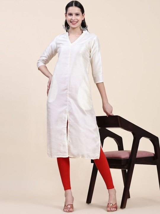 Phenav Mandarin Collar Dupion Silk Straight Off White Kurta - Image 3