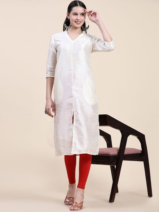 Phenav Mandarin Collar Dupion Silk Straight Off White Kurta - Image 5