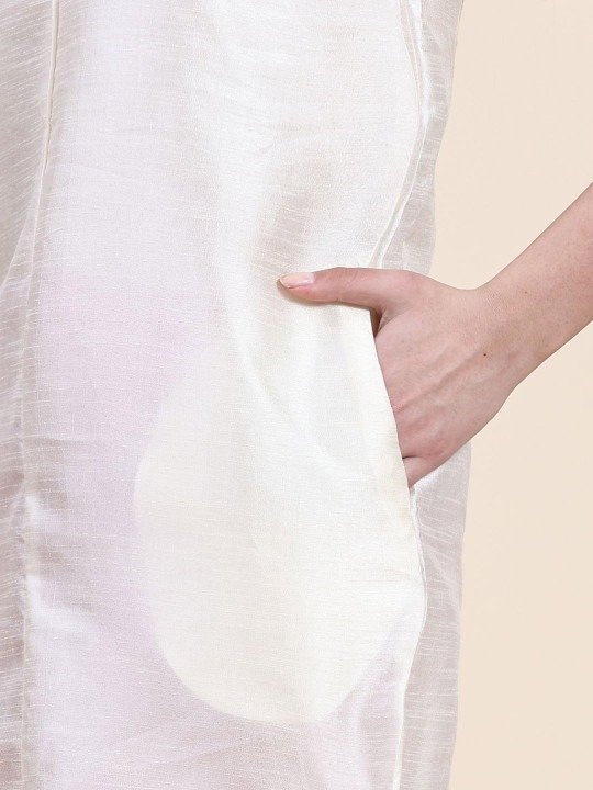 Phenav Mandarin Collar Dupion Silk Straight Off White Kurta - Image 4