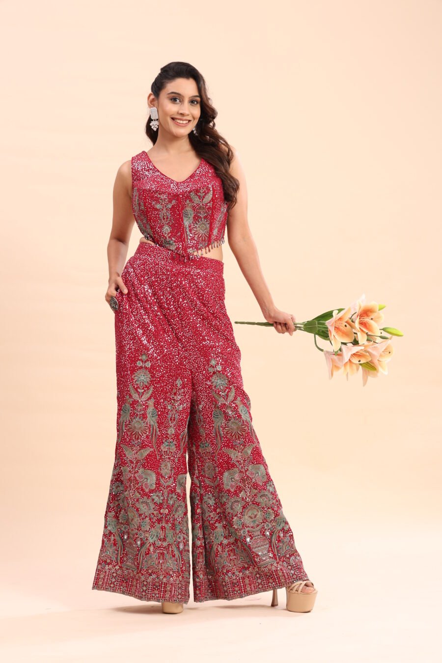 Scarlet Blossom Embroidered Sequin Sharara Set