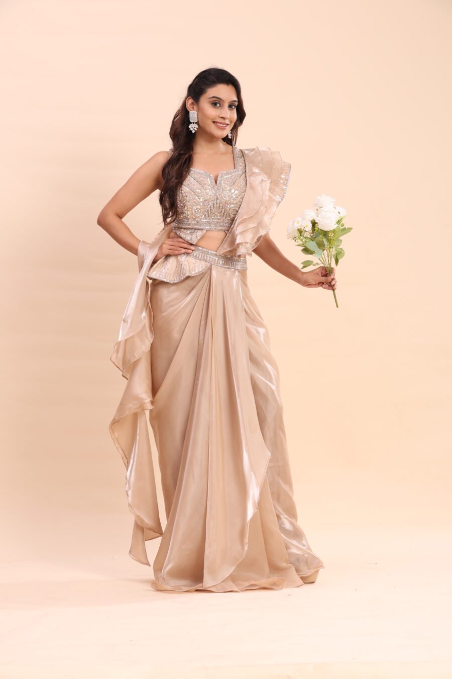 Champagne Glow Ruffle Drape Saree Set