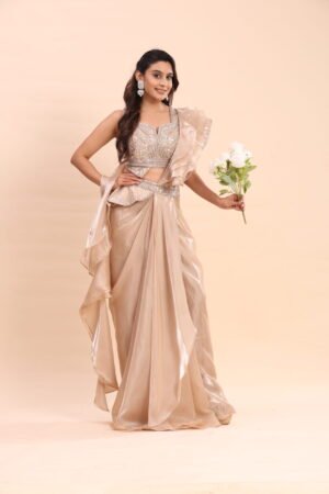 Champagne Glow Ruffle Drape Saree Set