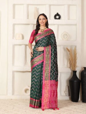 Banarasi Silk Printed Border Green Saree