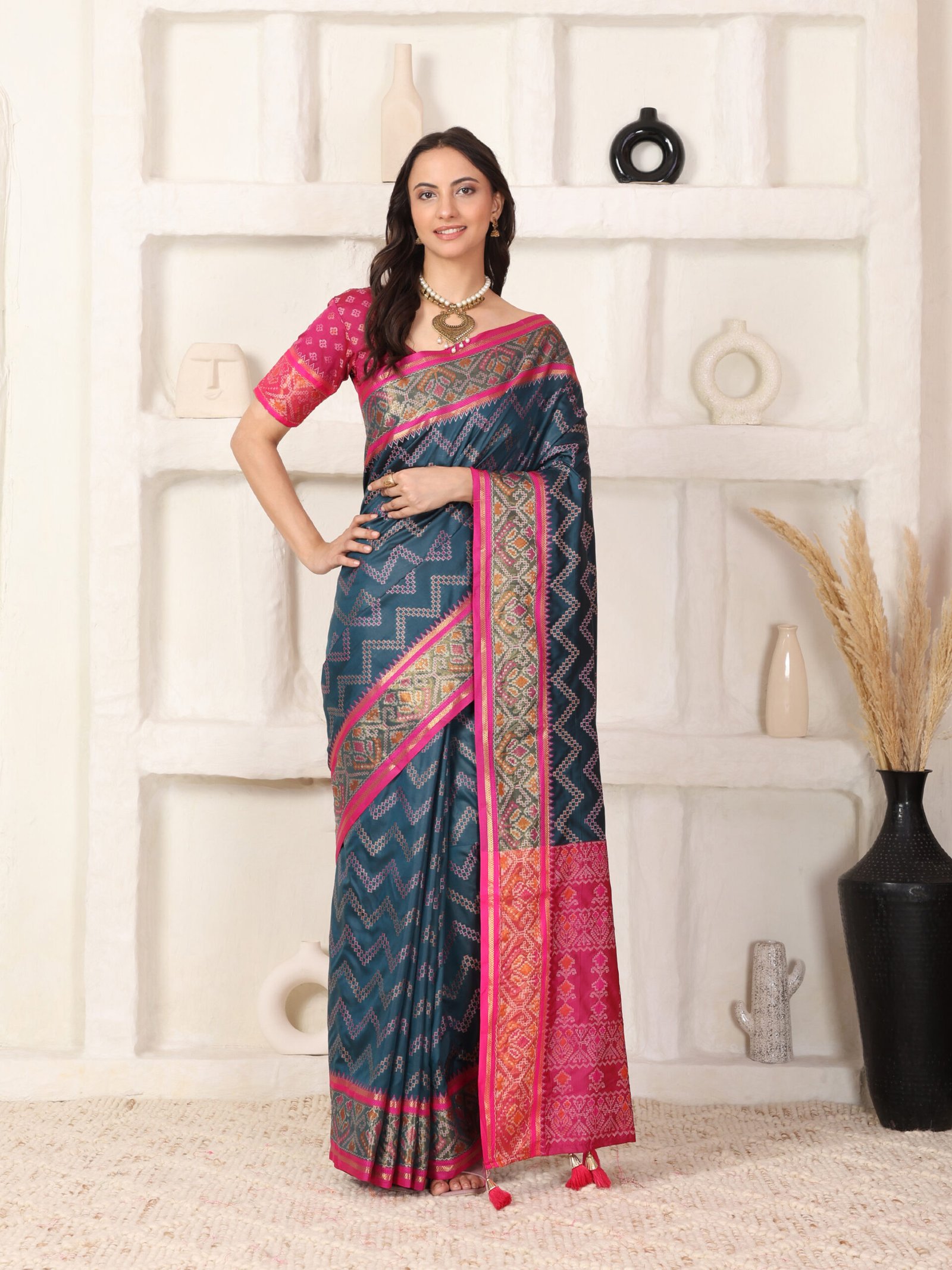 Banarasi Blue Printed Slik Saree